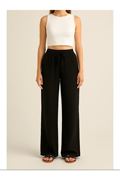 EXPECTED Γυναικείο μαύρο παντελόνι μουσελίνας με ψηλή μέση, τσέπες, κορδόνια,...