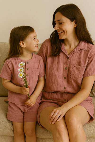 Marecot Silence Bebe Yaka Yetişkin Anne - Çocuk Müslin Pijama Takımı Kısa Kol...