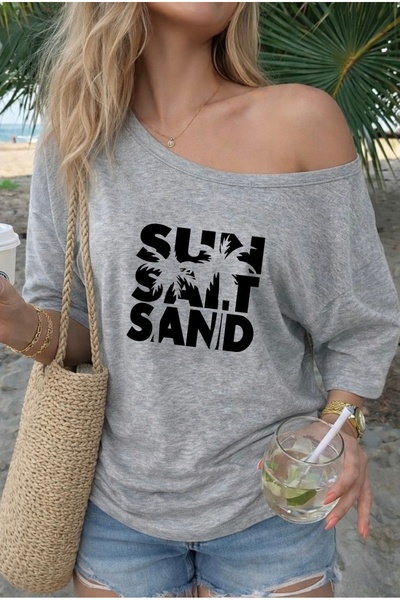 FUFLUNS Sun Salt Sand Printed Oversized Women's Boat Neck T-Shirt