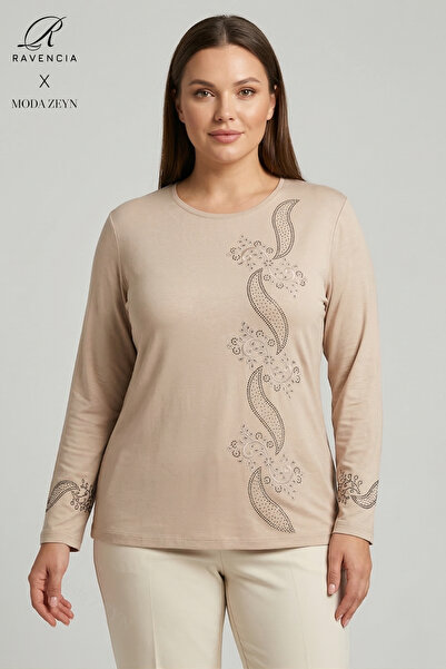 Ravencia Bluză de damă din bumbac pieptănat, cu model frunze în spirală, gule...