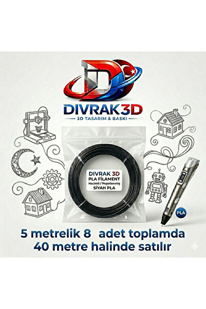 DİVRAK3D Filament Pla 1.75mm Pla SİYAH Renk X 40 Metre 3 Boyutlu Kalem Flamenti