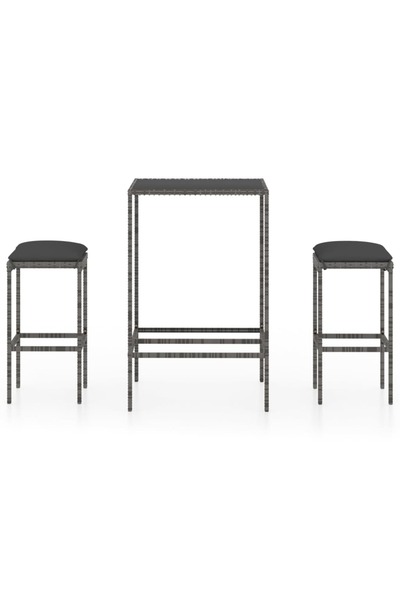 vidaxl Set mobilier bar de grădină, cu perne, 3 piese, gri, poliratan