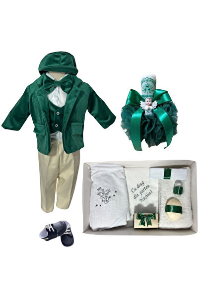 Your Baby Store Set botez baiat Vlad- verde cu ingeras si costumas catifea, p...