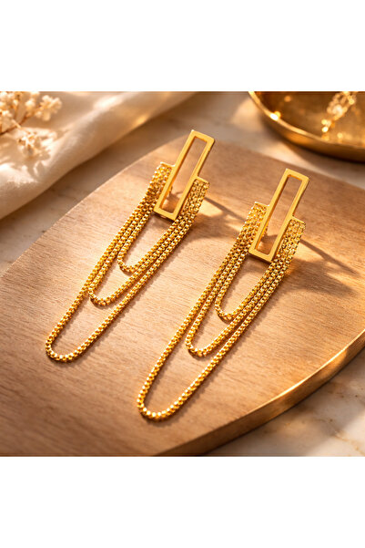 Vipfoni Chain Rectangular Design 3 Rows Chain Dangle Steel Stud Earrings