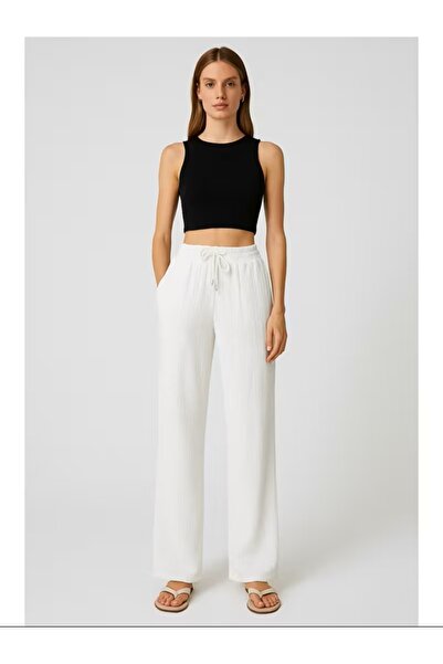 EXPECTED Pantaloni de damă din muselină albă, cu talie înaltă, buzunare, cu ș...