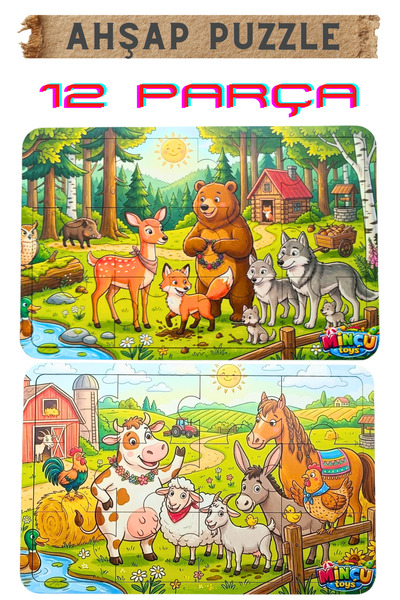 Minçu Toys Ahşap Puzzle 12 Parça Eğitici-Geliştirici Oyuncak 12 Parça Puzzle ...