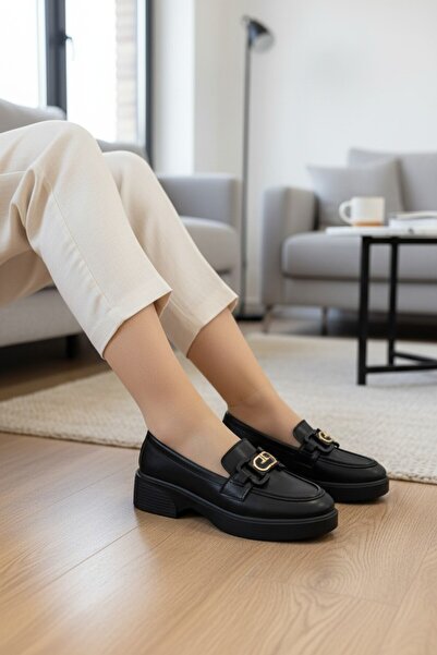 enoch Women's Gold Geometric Buckle Comfort Sole Masculine Loafer