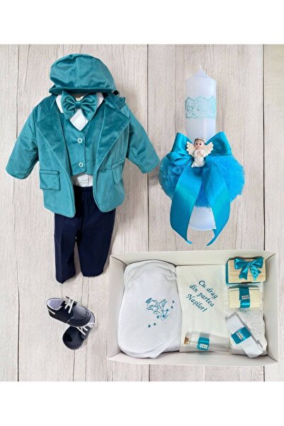 Your Baby Store Set botez baiat Vlad- turcoaz cu ingeras si costumas catifea,...