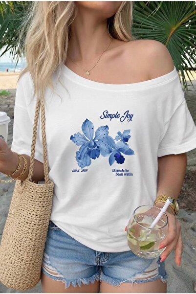 FUFLUNS Simple Joy Printed Oversized Women's Boat Neck T-Shirt