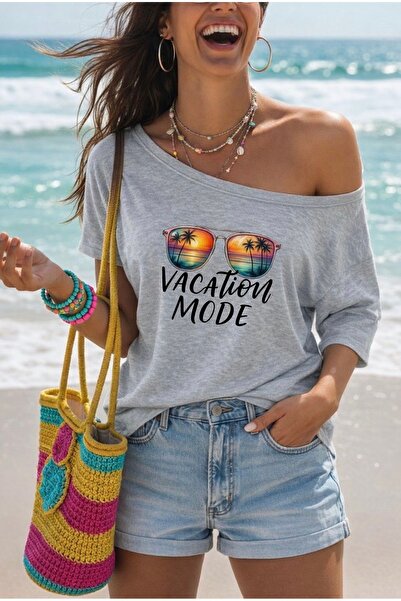 FUFLUNS تي شيرت نسائي كبير الحجم مطبوع عليه VACATION MODE بياقة كاياك