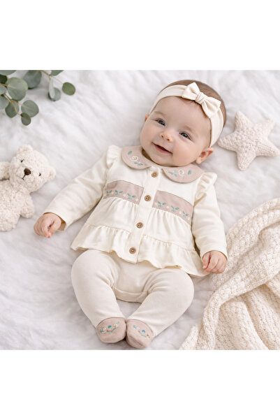 Bebelul 3-piece embroidered cotton baby set with dress-style top