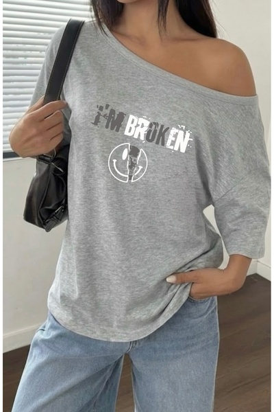 FUFLUNS Γυναικείο μπλουζάκι με στάμπα  "I'M BROKEN ", oversized, με λαιμόκοψη...