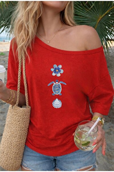 FUFLUNS Γυναικείο μπλουζάκι με λαιμόκοψη καγιάκ, με στάμπα από κοχύλια θάλασσ...