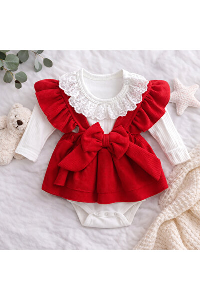 Bebelul 2-piece baby girl set: embroidered bodysuit and red dress with bow ma...