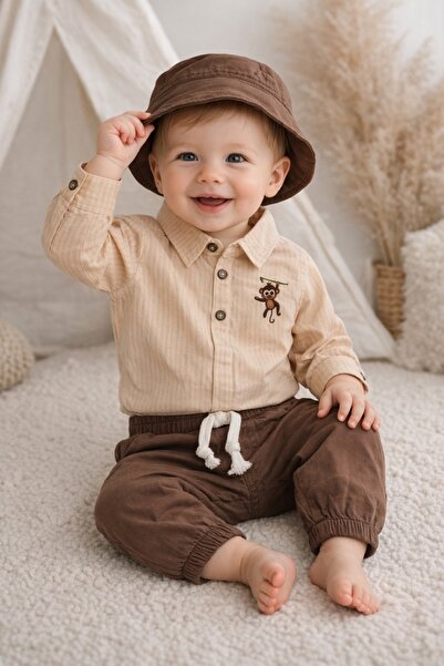 Pure Boutique Baby boy elegant bodysuit beige shirt brown pants and hat 3-pie...
