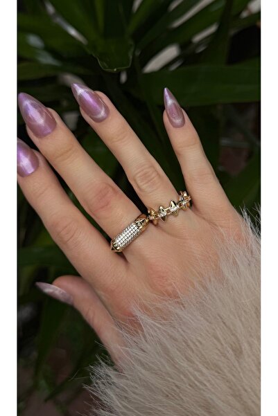 ADENNA JEWELRY 2'li Gold Zirkon Taş Detaylı Yüzük Seti Premium Seri