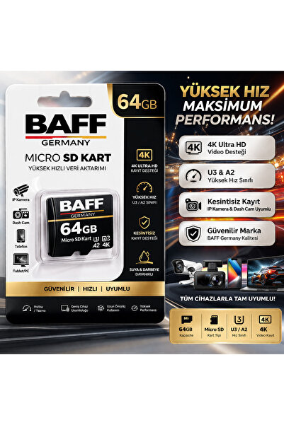 BAFF GERMANY 64GB Micro SD Kart U3 A2 4K Destekli Yüksek Hızlı Hafıza Kartı