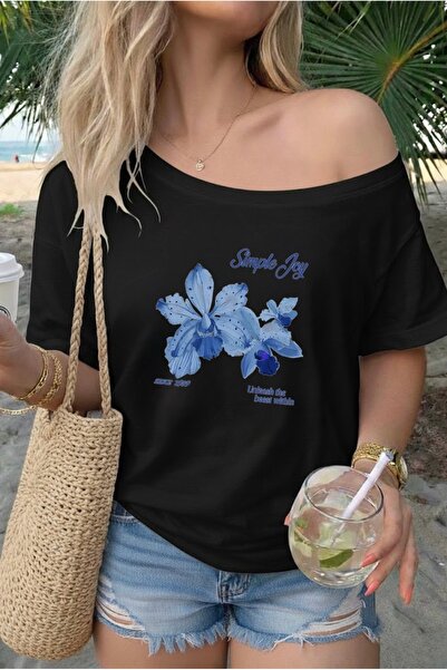 FUFLUNS Tricou de damă supradimensionat, cu imprimeu SIMPLE JOY și guler bărcuță