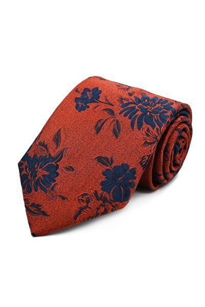 Sade Kravat Cinnamon Orange Navy Blue Special Woven Floral Patterned Tie 3338...