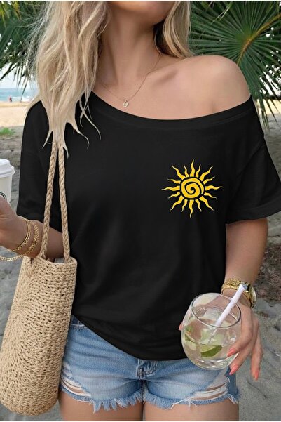 FUFLUNS Tricou supradimensionat pentru femei, cu imprimeu solar și guler bărcuță