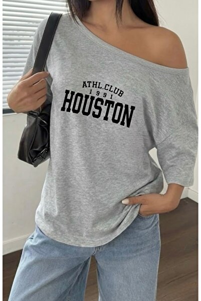 FUFLUNS Γυναικείο μπλουζάκι με στάμπα HOUSTON, oversized, με λαιμόκοψη bateau