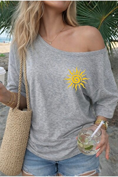 FUFLUNS Tricou supradimensionat pentru femei, cu imprimeu solar și guler bărcuță