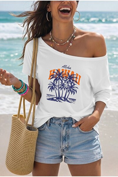 FUFLUNS Γυναικείο μπλουζάκι με λαιμόκοψη καγιέκ, με στάμπα HAWAII ALOHA, σε μ...
