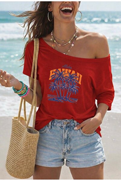 FUFLUNS Γυναικείο μπλουζάκι με λαιμόκοψη καγιέκ, με στάμπα HAWAII ALOHA, σε μ...