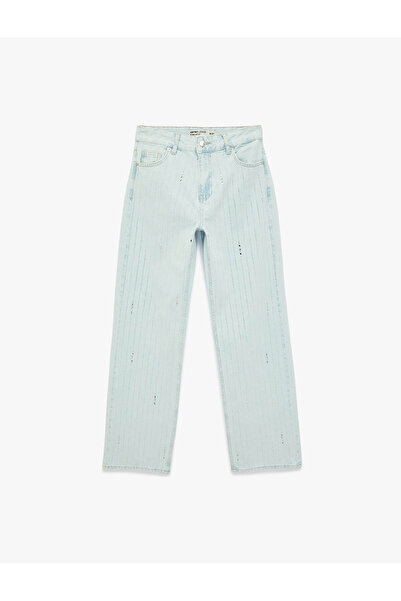 Koton Uzun Düz Paça Normal Bel Cepli Düğmeli Taşlı Denim Pantolon - Longer St...