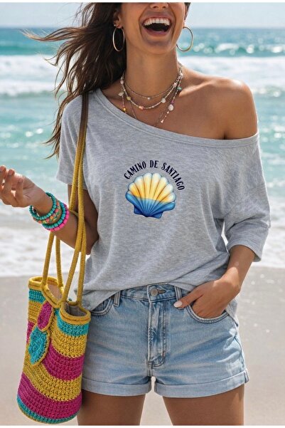 FUFLUNS Γυναικείο μπλουζάκι με στάμπα στρείδια, oversized, με λαιμόκοψη καγιάκ