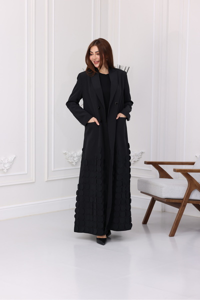Nasnasa Abayat Luxurious Blazer Abaya with Circular Embroidery and Shiny Butt...