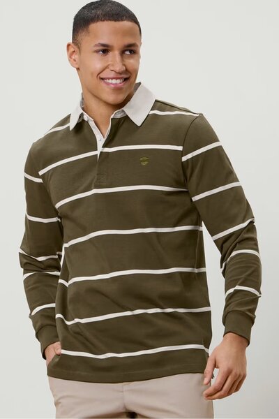 Tchibo Men Regular Fit Stripe Long Sleeve Polo Shirt, Olive