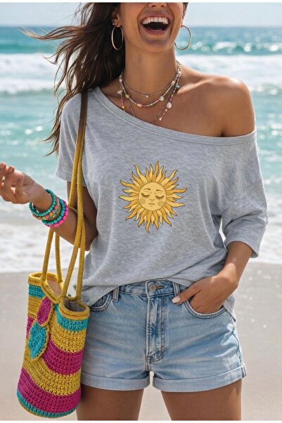 FUFLUNS Tricou supradimensionat pentru femei, cu imprimeu solar și guler bărcuță