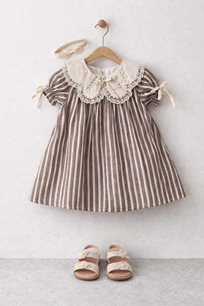 Tifina Kids Girls' Vintage Striped Dress Lace Collar Embroidery Detail Bow Sl...