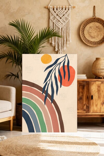 Mgi Design Μοντέρνα διακόσμηση τοίχου σαλονιού με μποέμ μοτίβο φύλλων σε καμβά