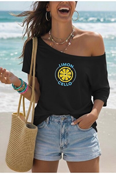 FUFLUNS Γυναικείο μπλουζάκι με στάμπα λιμοντσέλο, oversized, με λαιμόκοψη bateau