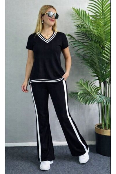 JANES Ženska bluza sa kratkim rukavima i V-izrezom Viskoza dvodijelni set blu...