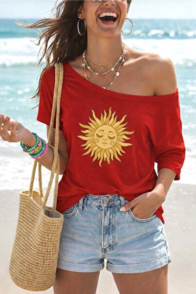 FUFLUNS Tricou supradimensionat pentru femei, cu imprimeu solar și guler bărcuță