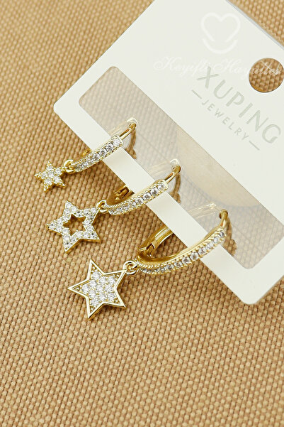 Keyifli Hayaller Çelik Küpe - Zirkon Sıralı Taşlı Kombin Yıldız Halka Model T...