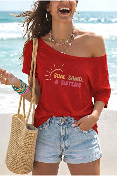 FUFLUNS SUN SAND SISTERS Τυπωμένο Γυναικείο T-shirt με λαιμόκοψη καγιάκ σε με...