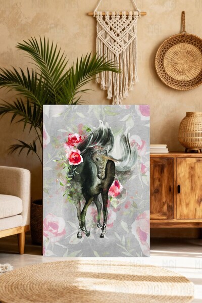 Mgi Design Πίνακας σε καμβά με μαύρο άλογο, Φανταστική διακόσμηση τοίχου με λ...