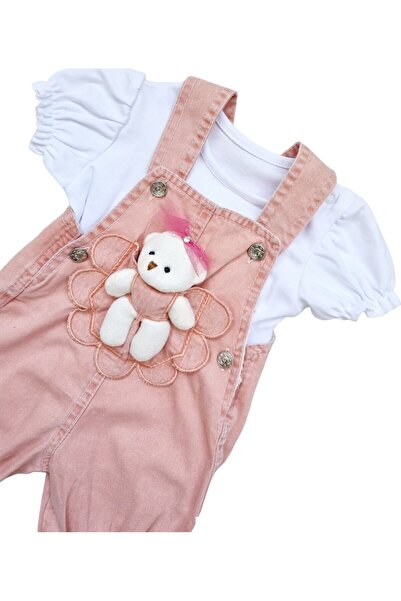 Miniworld Salopeta scurta cu tricou pentru fetite, jucarie cu ursulet, Roz&Alb