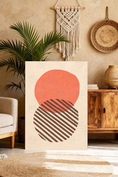 Mgi Design Tablou abstract pe pânză cu soare și model în linii, decor modern ...