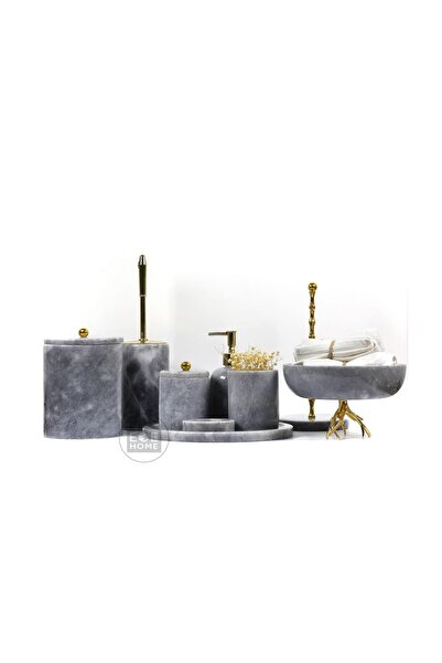 ege gross DEKORATİF DOĞAL GRİ MERMER 9 PARÇA GOLD BANYO SETİ RULO/KASE