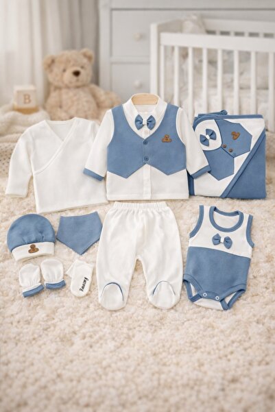 Pure Boutique Baby boy set 10 pieces elegant blue bodysuit pants blanket hat