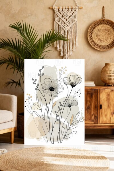 Mgi Design Ελάχιστη διακόσμηση τοίχου με λουλούδια σε μπεζ χρώμα, σε καμβά