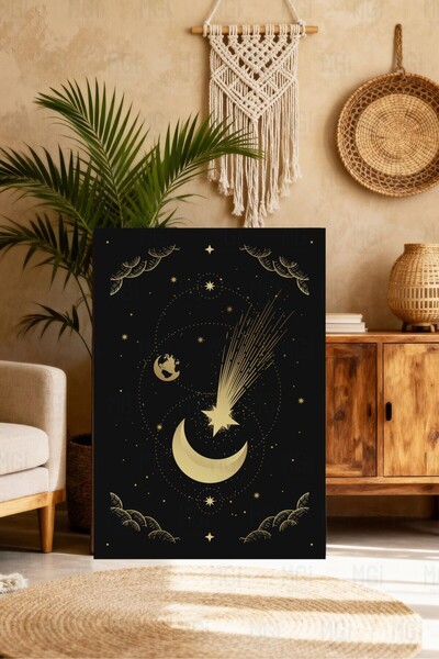 Mgi Design Tablou pe pânză cu stele și lună, decor de perete cu cer negru auriu