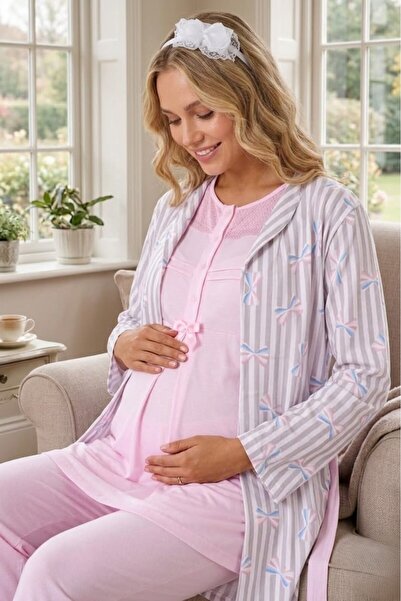 Lohusa Homewear New Season Pink Maternity Summer Shawl Collar Striped Bow Det...