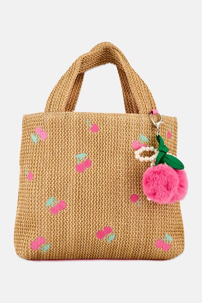 OMG Accessories Kids Girl Cherry Patched Straw Mini Tote Bag With Charm, Mult...