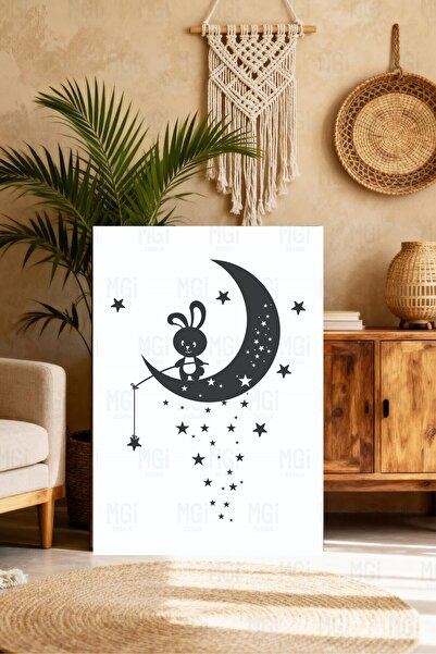 Mgi Design Tablou pe pânză cu iepuraș pe lună, decor drăguț de perete pentru ...